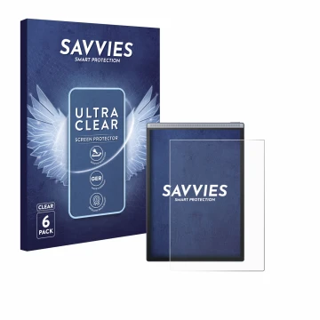 Front side of a product packaging with the brand logo Savvies. Next to it is the device iflytek Ainote Air 2 shown with the co