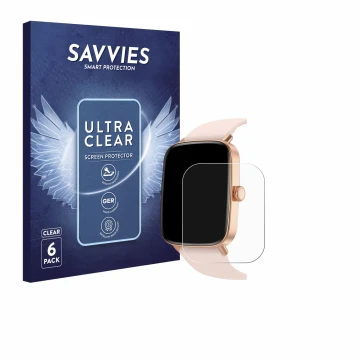 Front side of a product packaging with the brand logo Savvies. Next to it is the device Yoever Smartwatch 1.85
