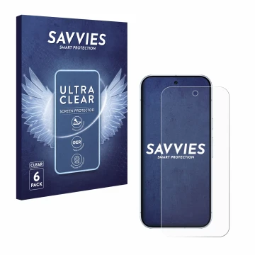 Front side of a product packaging with the brand logo Savvies. Next to it is the device Google Pixel 10 Pro shown with the cor
