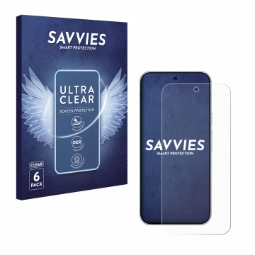Front side of a product packaging with the brand logo Savvies. Next to it is the device Google Pixel 10 Pro XL shown with the 