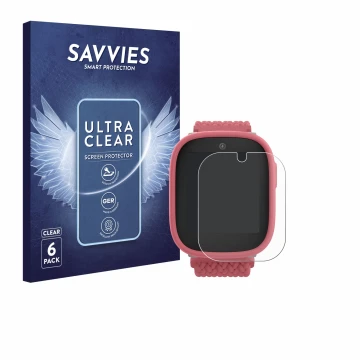 Front side of a product packaging with the brand logo Savvies. Next to it is the device Xplora X6 Play 2025 (2nd generation) s