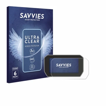 Front side of a product packaging with the brand logo Savvies. Next to it is the device Ducati V4S 2021 Speedometer display sh