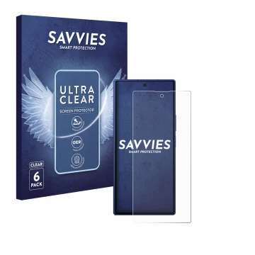 Front side of a product packaging with the brand logo Savvies. Next to it is the device Samsung Galaxy Z Fold 7 shown with the