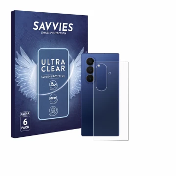 Front side of a product packaging with the brand logo Savvies. Next to it is the device Samsung Galaxy Z Fold 7 (Back) shown w