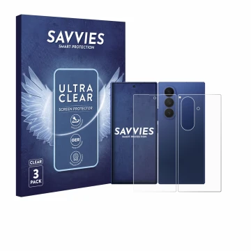 Front side of a product packaging with the brand logo Savvies. Next to it is the device Samsung Galaxy Z Fold 7 (Front+Back) s