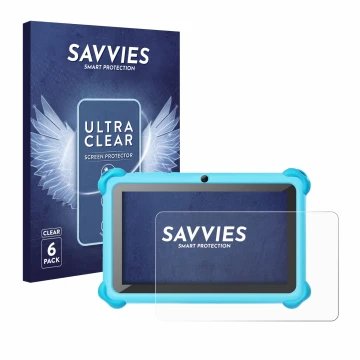 Front side of a product packaging with the brand logo Savvies. Next to it is the device zcobro KIDS710 7