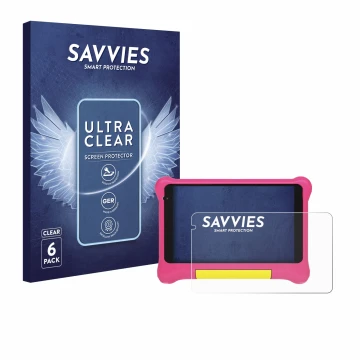 Front side of a product packaging with the brand logo Savvies. Next to it is the device Happybe Kids Tablet 7
