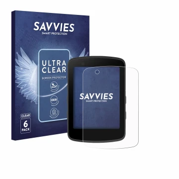 Front side of a product packaging with the brand logo Savvies. Next to it is the device Bryton Rider 650 shown with the corres