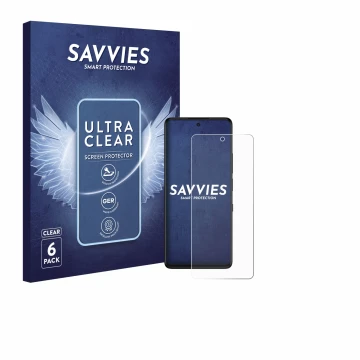 Front side of a product packaging with the brand logo Savvies. Next to it is the device TCL 50 Pro NXTPaper 5G shown with the 