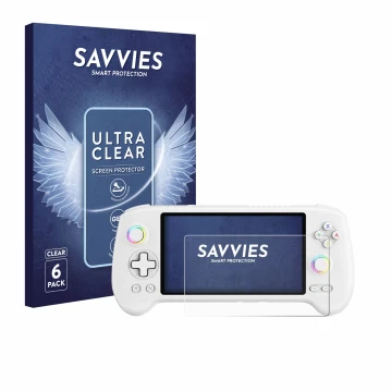 Front side of a product packaging with the brand logo Savvies. Next to it is the device Anbernic RG557 shown with the correspo