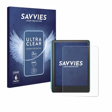 Front side of a product packaging with the brand logo Savvies. Next to it is the device Amazon Kindle Colorsoft Kids shown wit