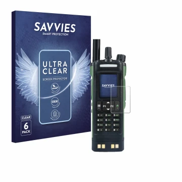 Front side of a product packaging with the brand logo Savvies. Next to it is the device Baofeng DM-32 shown with the correspon