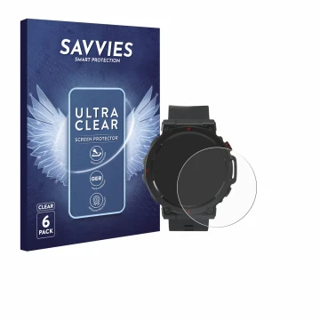 Front side of a product packaging with the brand logo Savvies. Next to it is the device Crivit Sport-Smartwatch shown with the