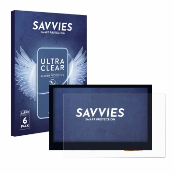 Front side of a product packaging with the brand logo Savvies. Next to it is the device Waveshare 4.3