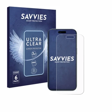 Front side of a product packaging with the brand logo Savvies. Next to it is the device Apple iPhone Air shown with the corres