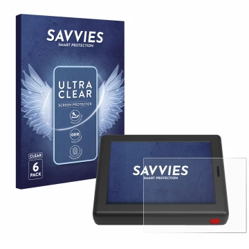 Front side of a product packaging with the brand logo Savvies. Next to it is the device XC Tracer Maxx III shown with the corr