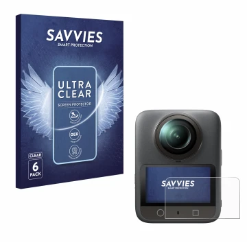 Front side of a product packaging with the brand logo Savvies. Next to it is the device DJI Osmo 360 shown with the correspond