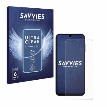 Front side of a product packaging with the brand logo Savvies. Next to it is the device Samsung Galaxy A17 5G shown with the c