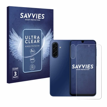 Front side of a product packaging with the brand logo Savvies. Next to it is the device Samsung Galaxy A17 5G (Front+Camera) s