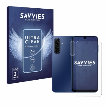 Front side of a product packaging with the brand logo Savvies. Next to it is the device Samsung Galaxy A17 4G (Front+Camera) s