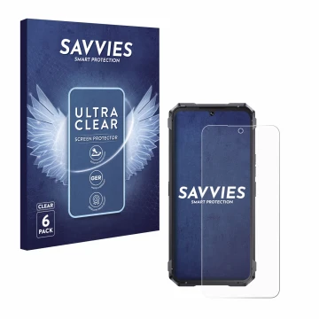 Front side of a product packaging with the brand logo Savvies. Next to it is the device Cubot King Kong 11 shown with the corr