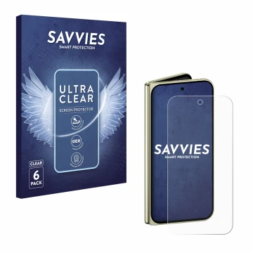 Front side of a product packaging with the brand logo Savvies. Next to it is the device Google Pixel 10 Pro Fold shown with th