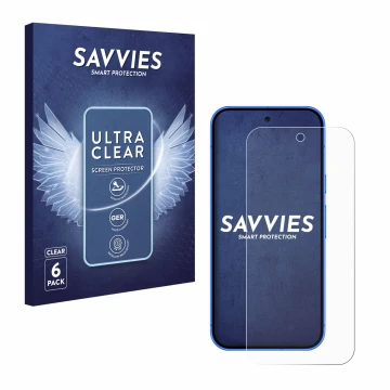 Front side of a product packaging with the brand logo Savvies. Next to it is the device Google Pixel 10 shown with the corresp