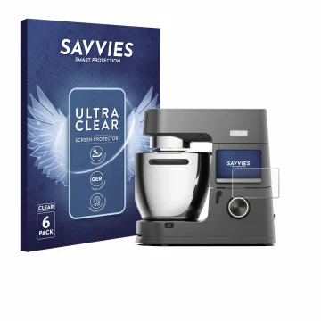 Front side of a product packaging with the brand logo Savvies. Next to it is the device Kenwood Cooking Chef KCL96.004DG shown
