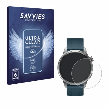 Front side of a product packaging with the brand logo Savvies. Next to it is the device realme Watch S2 shown with the corresp