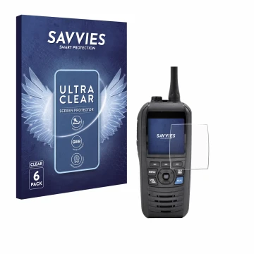 Front side of a product packaging with the brand logo Savvies. Next to it is the device Icom IC-M94D shown with the correspond