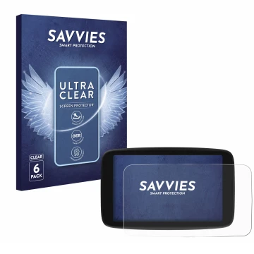 Front side of a product packaging with the brand logo Savvies. Next to it is the device TomTom Go Navigator 7 (2nd generation)