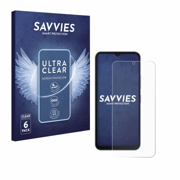 Front side of a product packaging with the brand logo Savvies. Next to it is the device Telekom T Phone 3 shown with the corre
