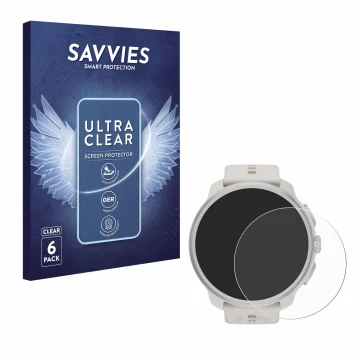 Front side of a product packaging with the brand logo Savvies. Next to it is the device Suunto Race 2 shown with the correspon
