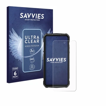 Front side of a product packaging with the brand logo Savvies. Next to it is the device Ulefone Armor 29 Ultra shown with the 