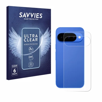Front side of a product packaging with the brand logo Savvies. Next to it is the device Google Pixel 10 (Back) shown with the 