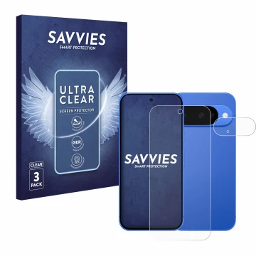 Front side of a product packaging with the brand logo Savvies. Next to it is the device Google Pixel 10 (Front+Camera) shown w