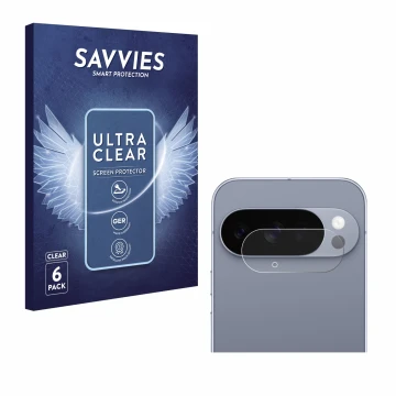 Front side of a product packaging with the brand logo Savvies. Next to it is the device Google Pixel 10 Pro (ONLY Camera Lens)