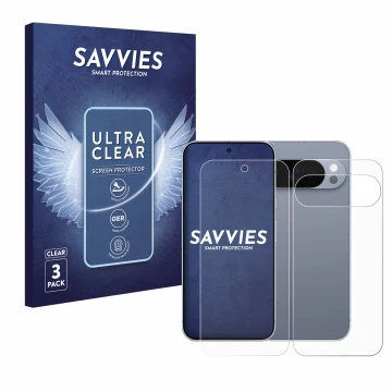 Front side of a product packaging with the brand logo Savvies. Next to it is the device Google Pixel 10 Pro (Front+Back) shown