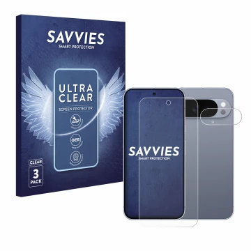 Front side of a product packaging with the brand logo Savvies. Next to it is the device Google Pixel 10 Pro XL (Front+Camera) 
