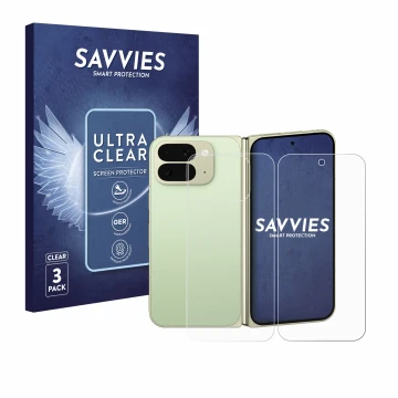 Front side of a product packaging with the brand logo Savvies. Next to it is the device Google Pixel 10 Pro Fold (Front+Back) 