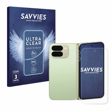 Front side of a product packaging with the brand logo Savvies. Next to it is the device Google Pixel 10 Pro Fold (Front+Camera