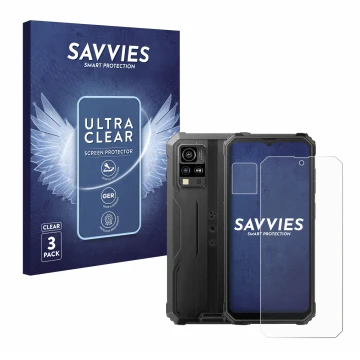 Front side of a product packaging with the brand logo Savvies. Next to it is the device Blackview BV4800 SE (Front+Camera) sho