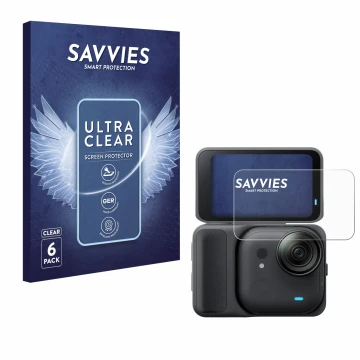 Front side of a product packaging with the brand logo Savvies. Next to it is the device Insta360 Go Ultra shown with the corre