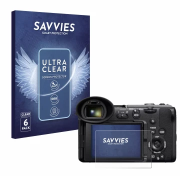 Front side of a product packaging with the brand logo Savvies. Next to it is the device Sony Cinema Line FX2 shown with the co