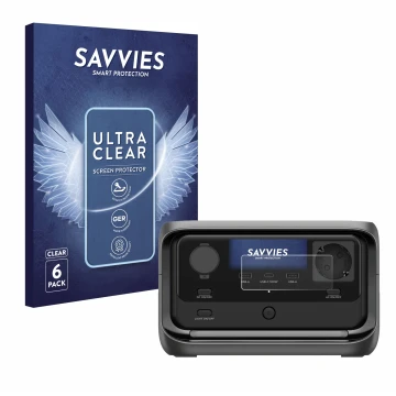 Front side of a product packaging with the brand logo Savvies. Next to it is the device EcoFlow River 3 Plus shown with the co