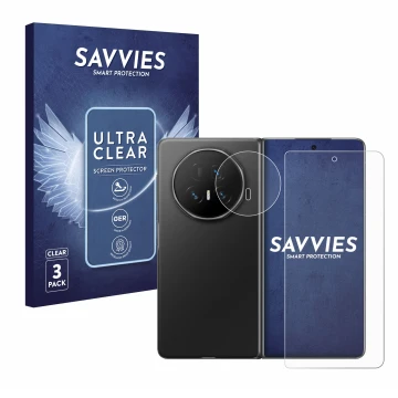 Front side of a product packaging with the brand logo Savvies. Next to it is the device Honor Magic V5 (Front+Camera) shown wi