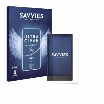 Front side of a product packaging with the brand logo Savvies. Next to it is the device reMarkable Paper Pro Move shown with t