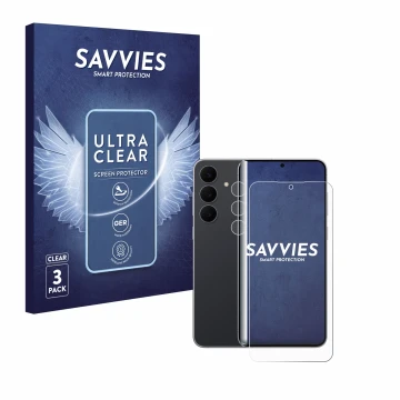 Front side of a product packaging with the brand logo Savvies. Next to it is the device Samsung Galaxy S25 FE (Front+Camera) s