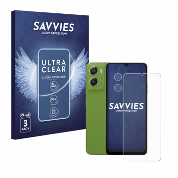 Front side of a product packaging with the brand logo Savvies. Next to it is the device Motorola Moto G06 Power (Front+Camera)