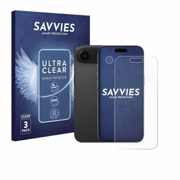 Front side of a product packaging with the brand logo Savvies. Next to it is the device Apple iPhone Air (Front+Camera) shown 